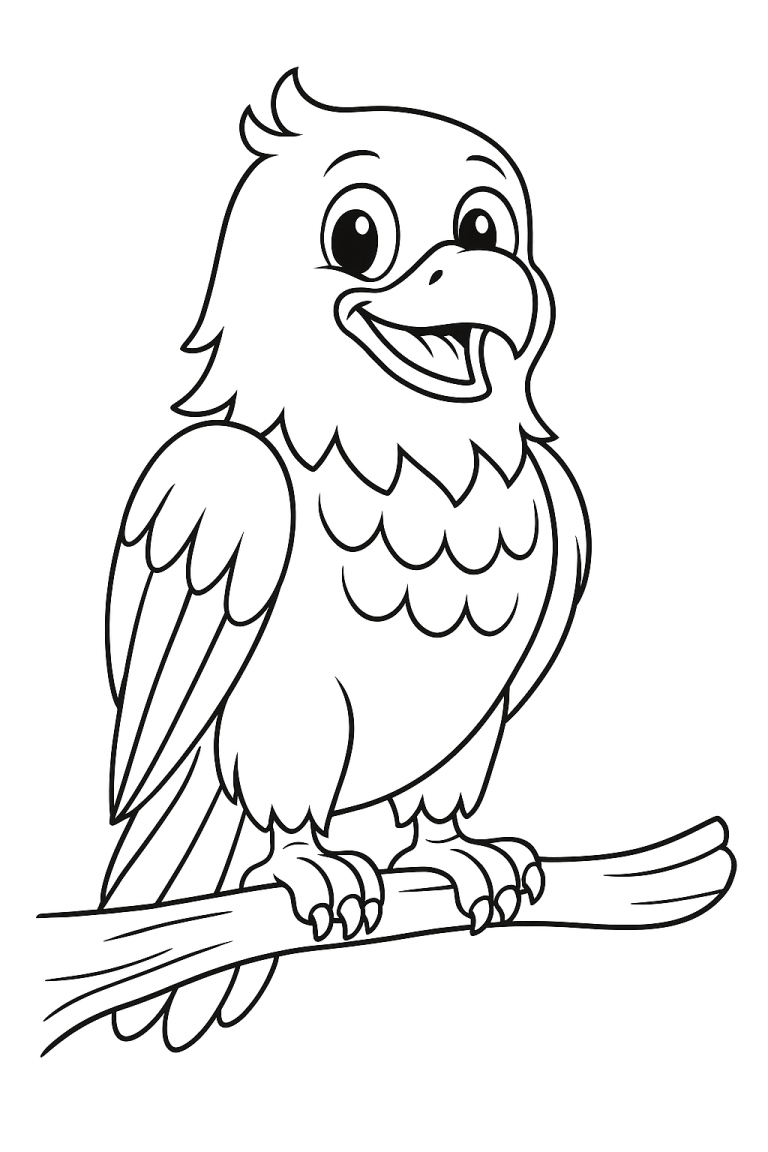 A happy cartoon bird sitting on a branch ready to be colored