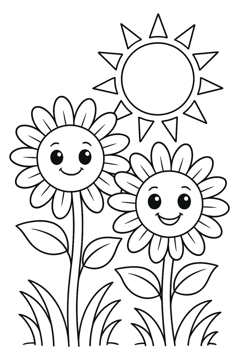 Coloring page with happy flowers and sun