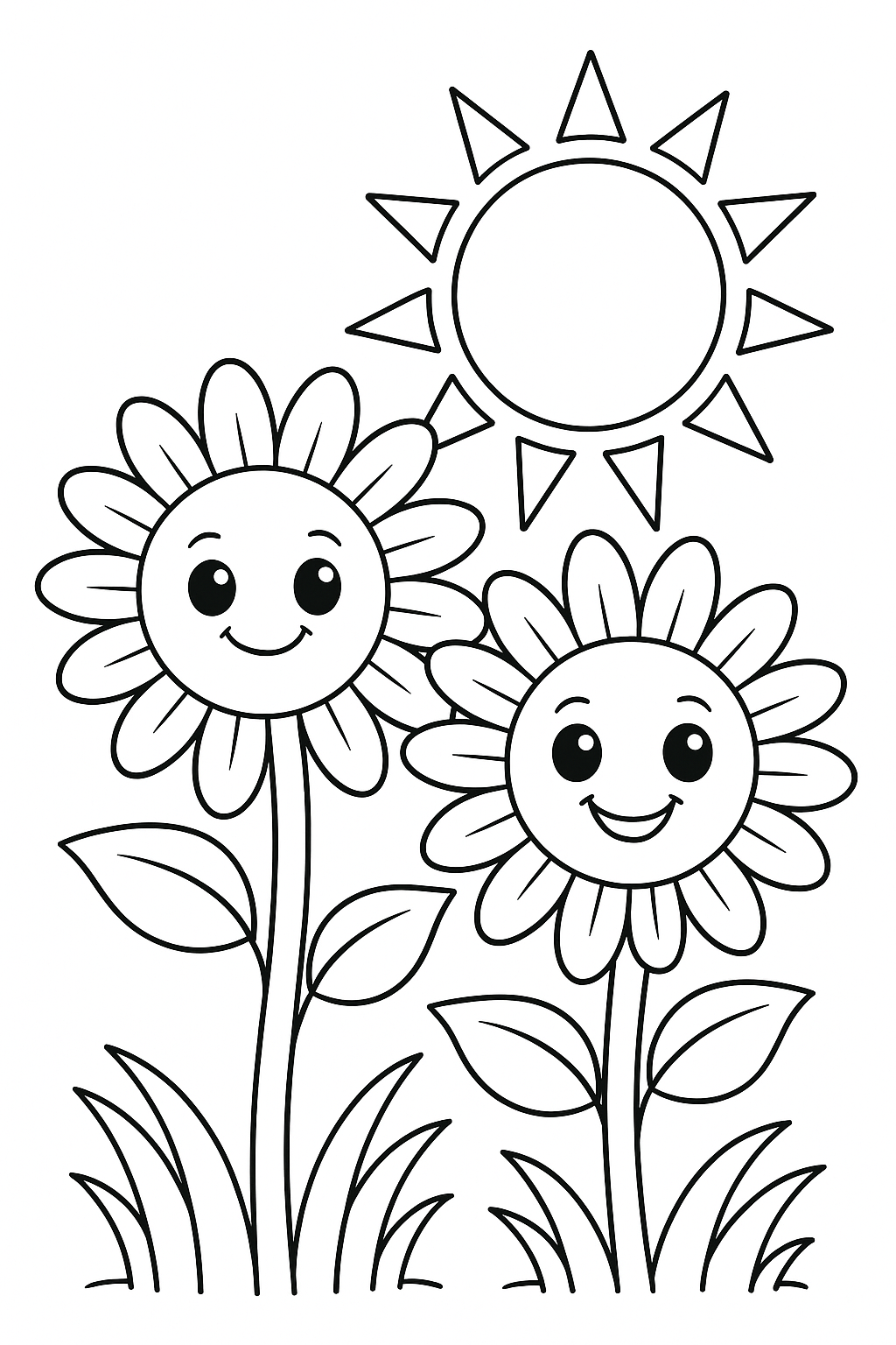 Coloring page with happy flowers and sun
