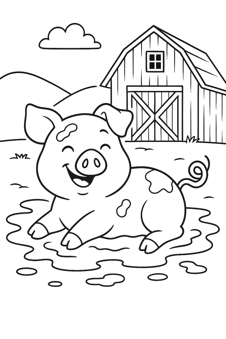 Happy pig in a mud puddle with barn in background
