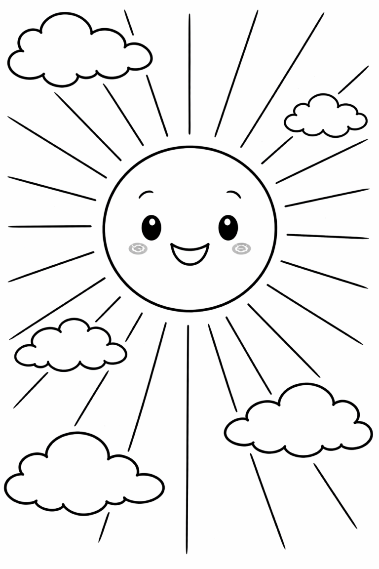 Coloring page featuring a happy sun with clouds