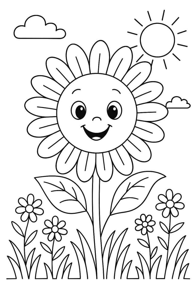 Happy sunflower coloring page with smiling sun