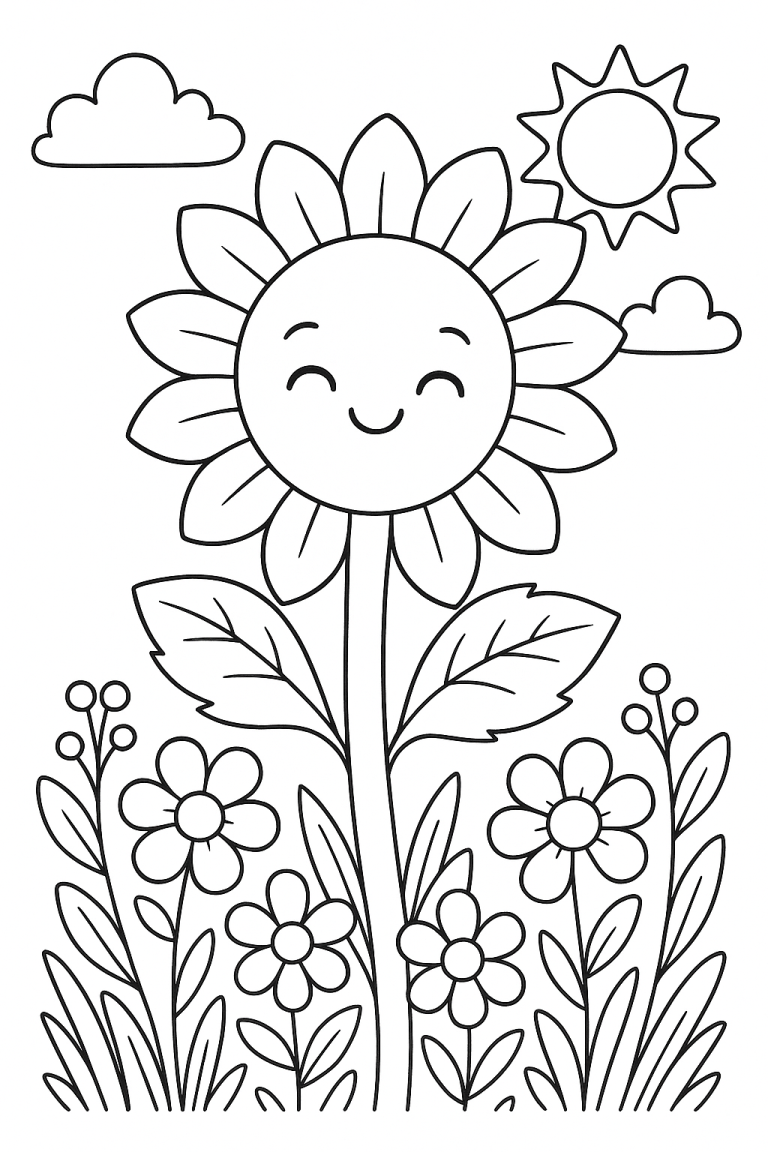 Smiling sunflower with smaller flowers in background