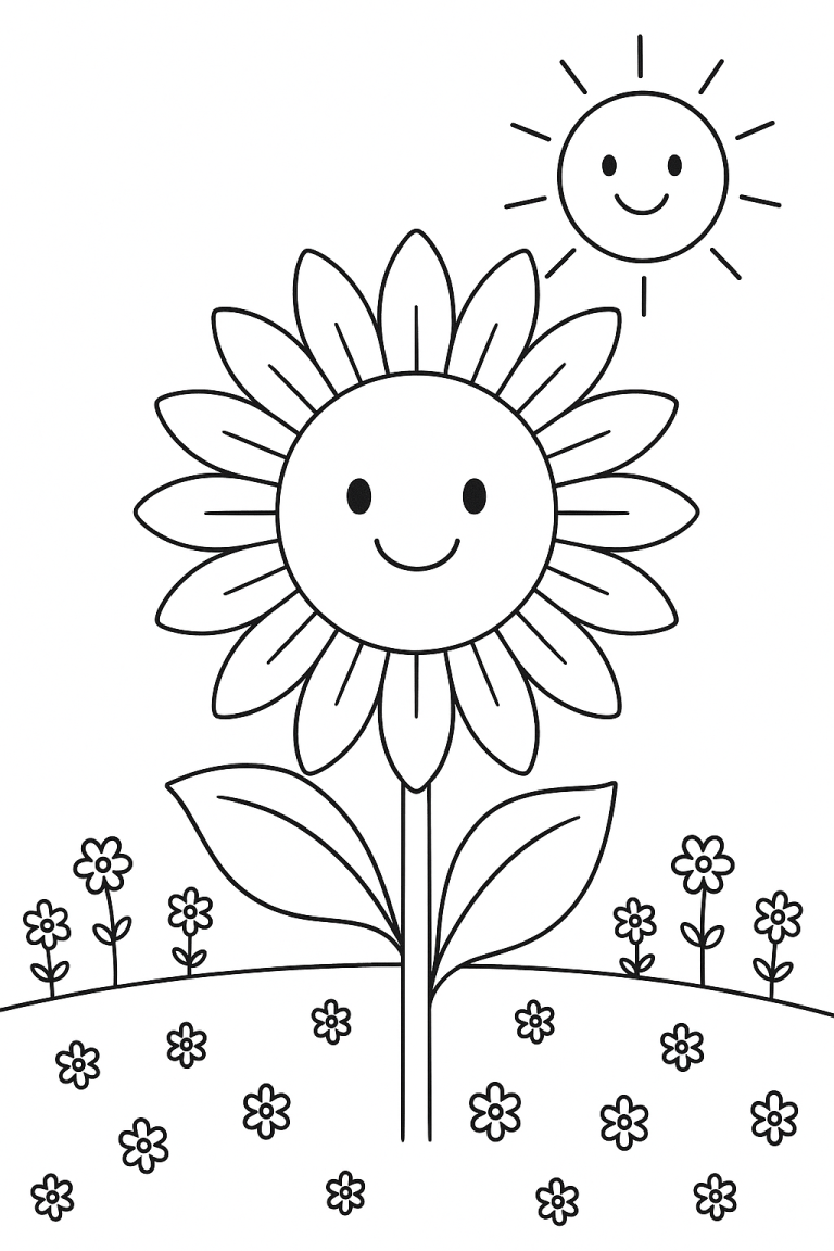 Coloring page with a smiling sunflower and sun