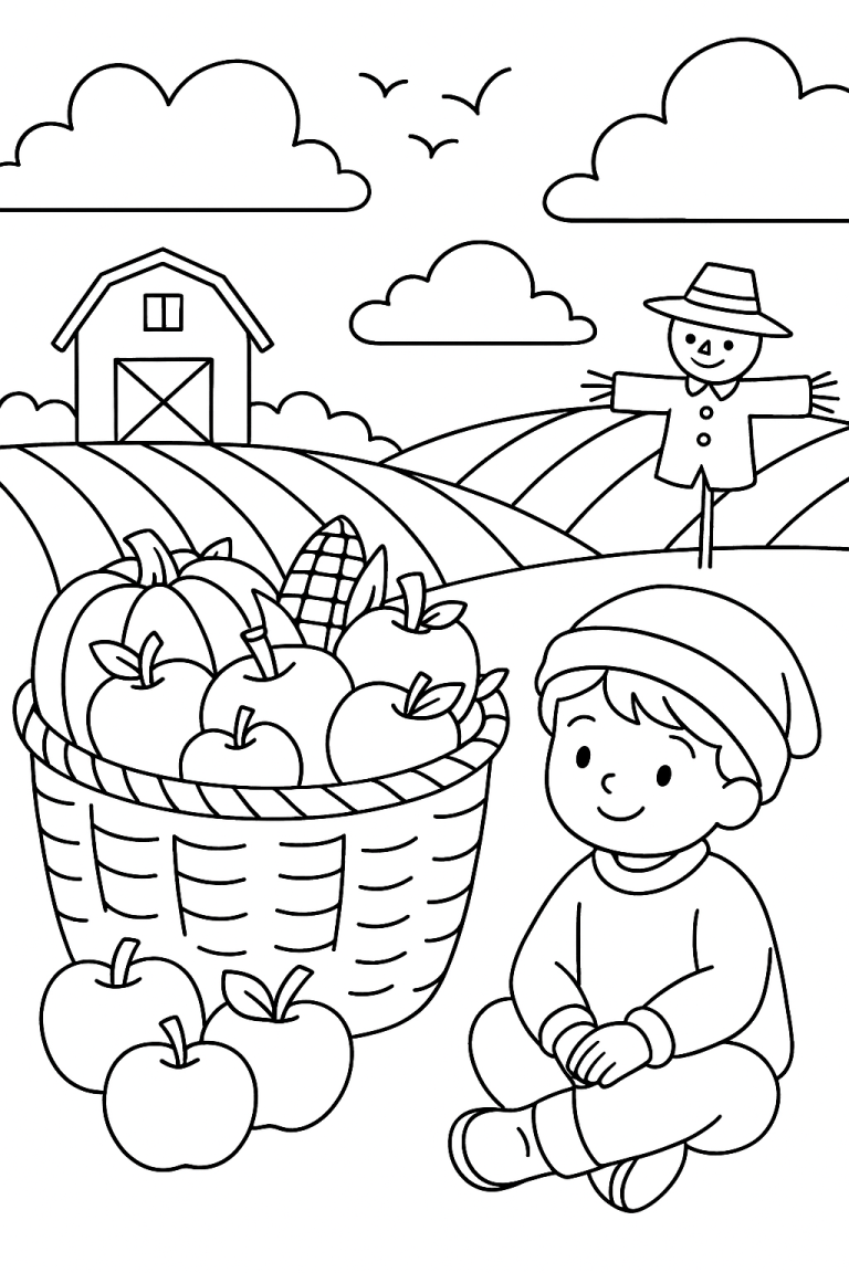 Child with fruits, scarecrow, and barn in harvest scene