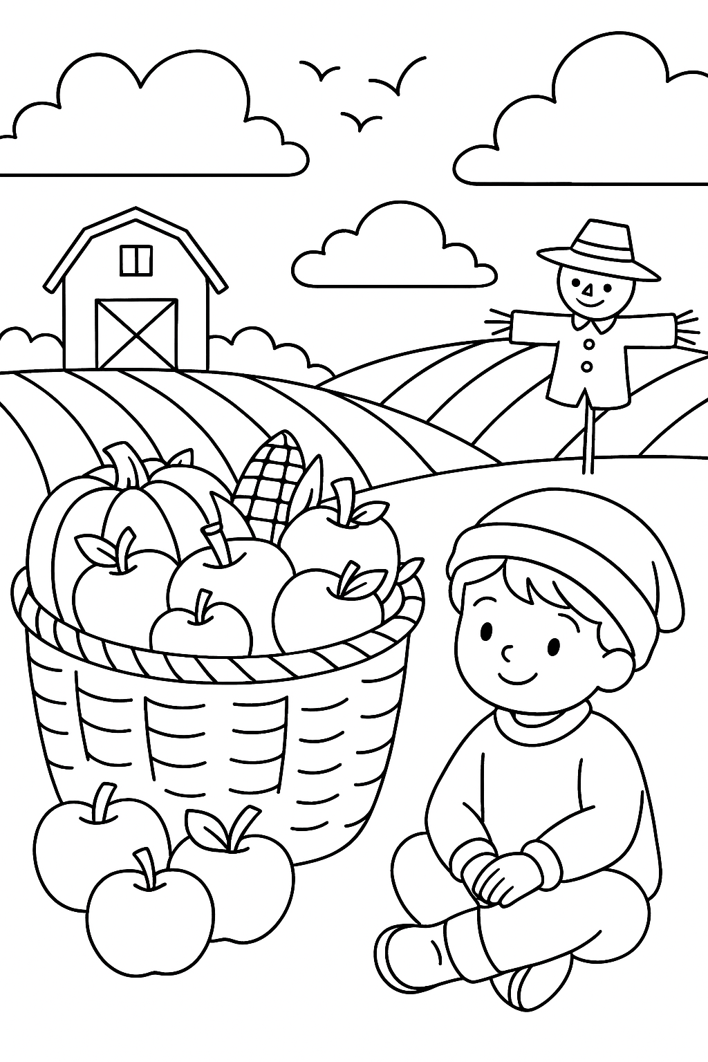 Child with fruits, scarecrow, and barn in harvest scene