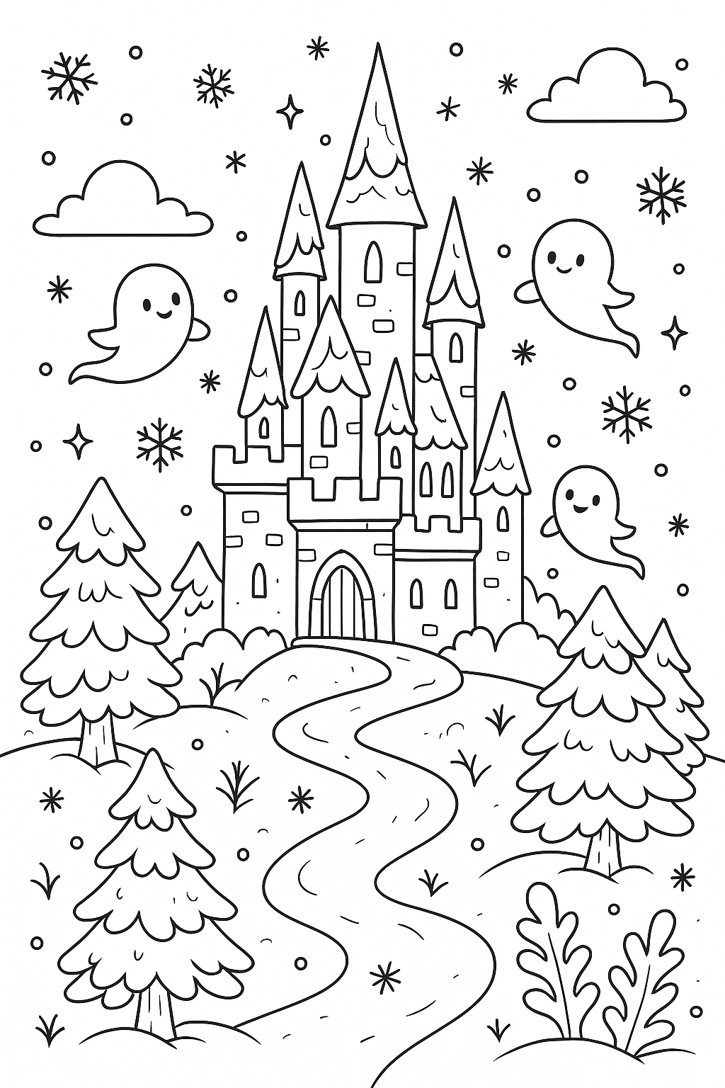Children's coloring page of a haunted castle with ghosts
