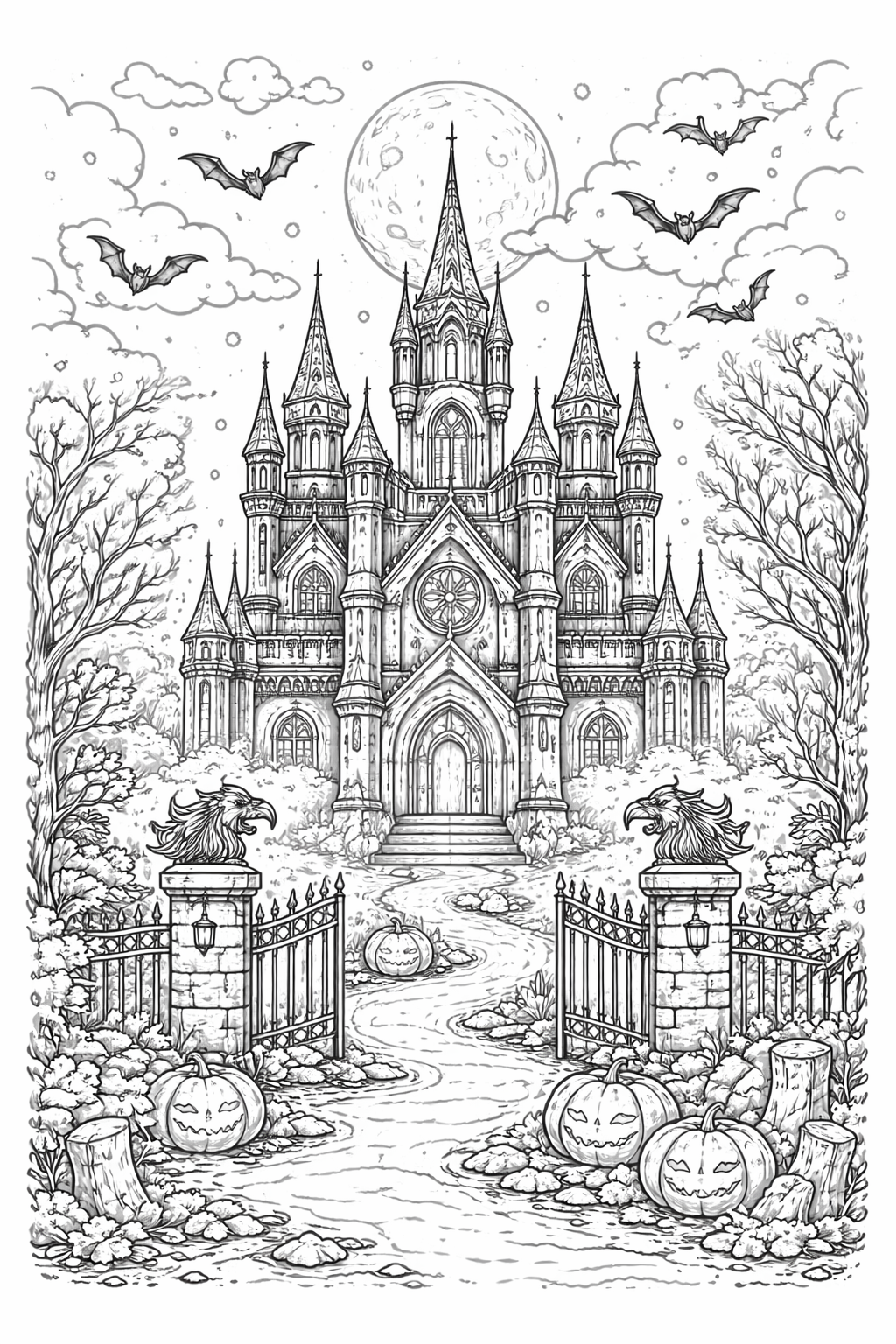 Haunted castle with bats and pumpkins coloring page
