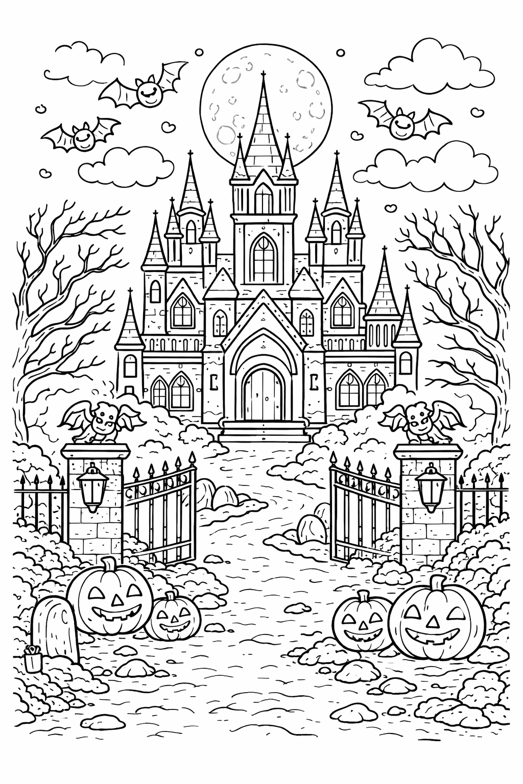 Haunted castle coloring page with bats and pumpkins