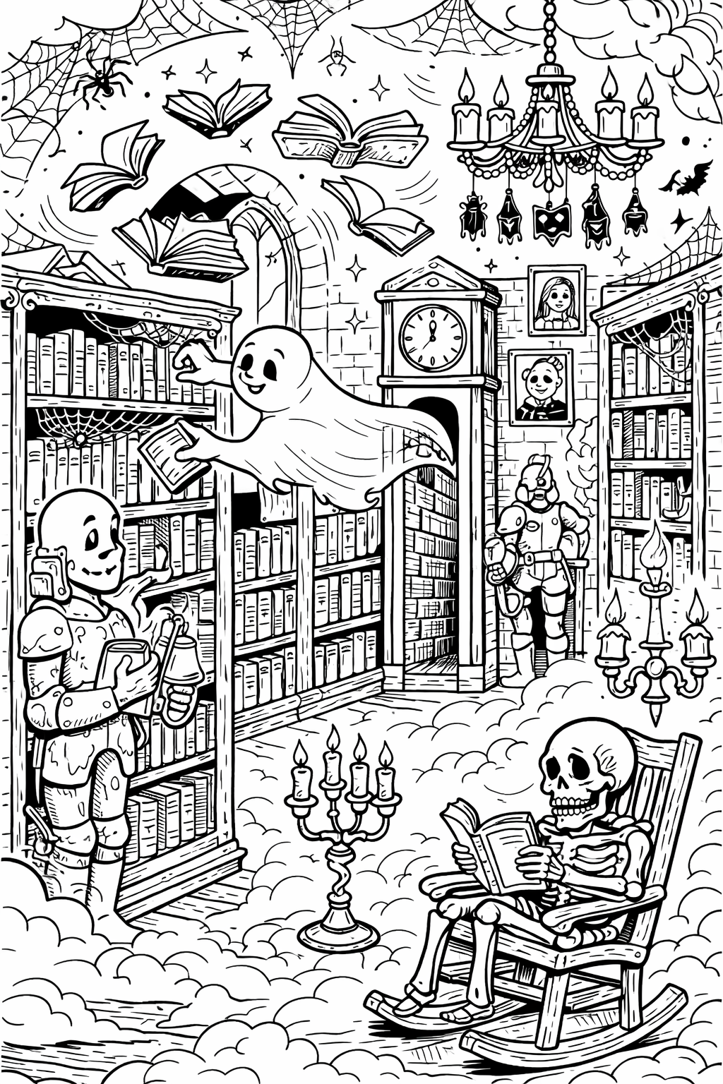 Coloring page of a haunted library with ghosts and skeletons