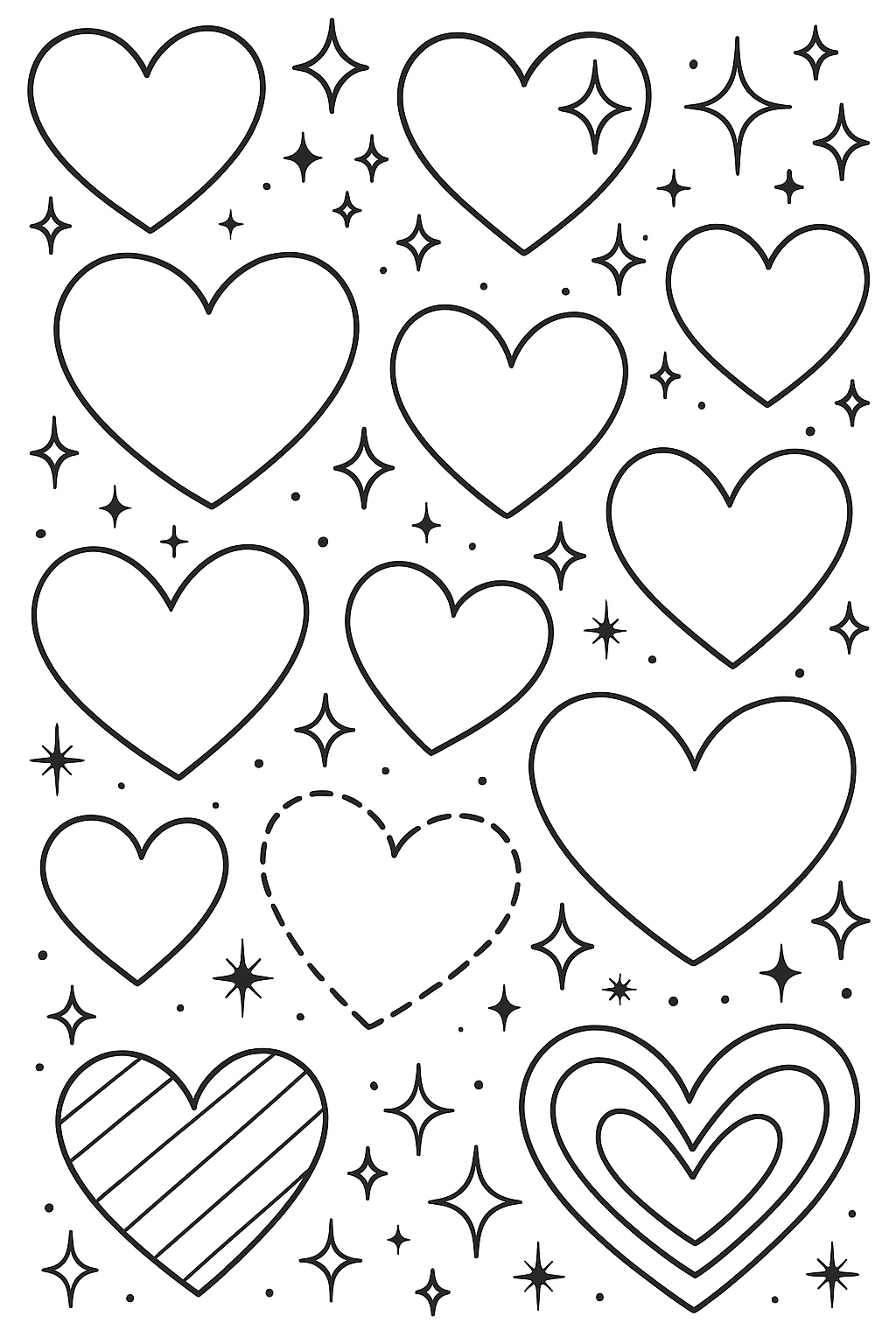 Heart-themed children's coloring page with stars