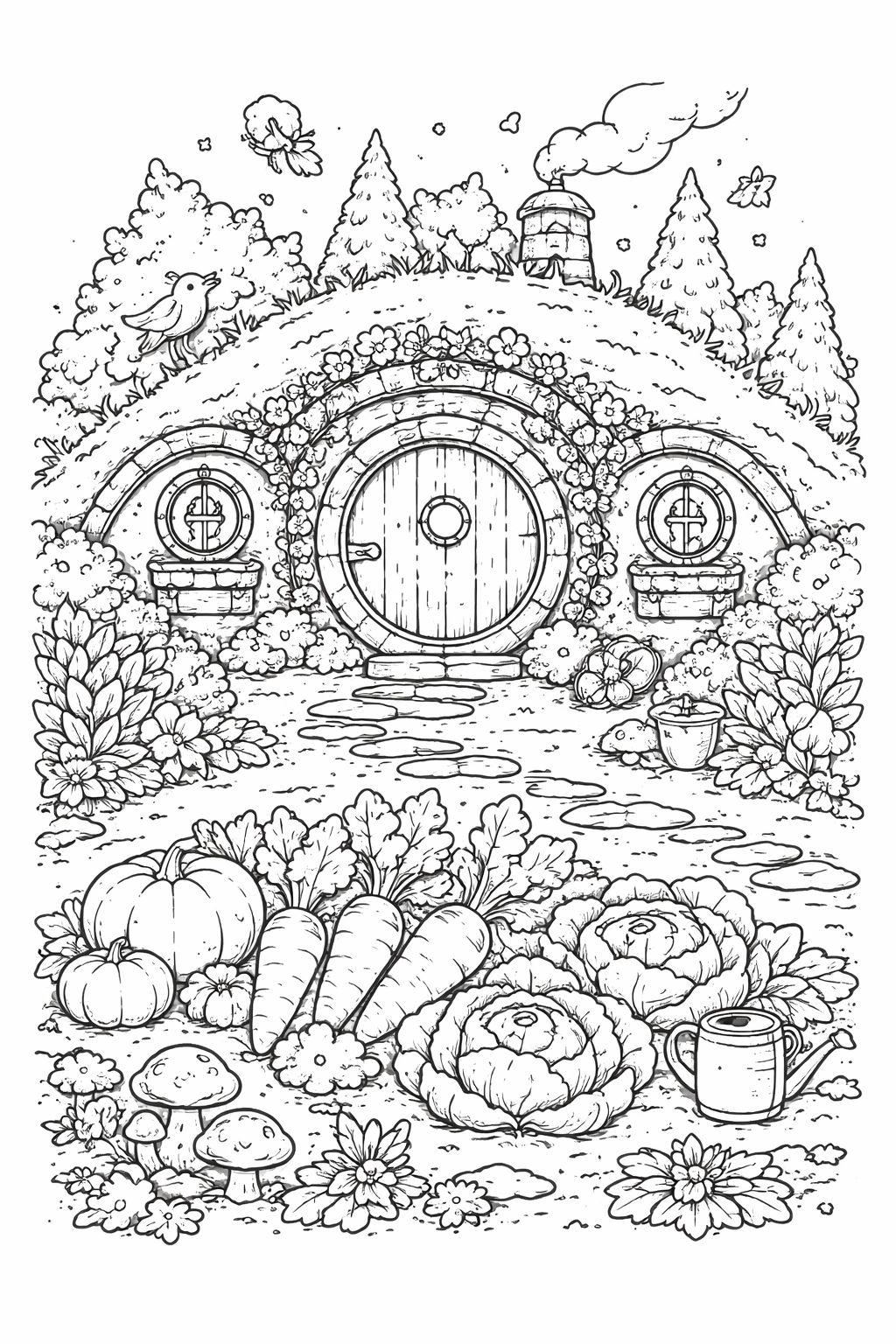 Hobbit house with garden coloring page