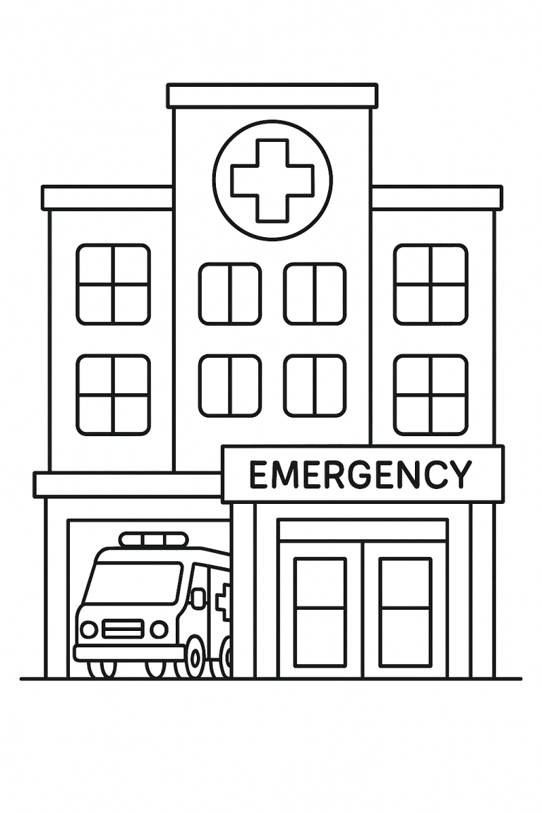 Children's coloring page of a hospital with an ambulance