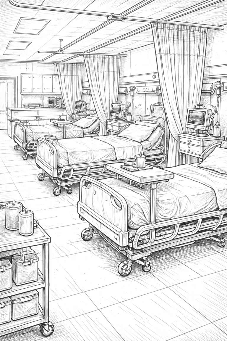 Hospital room with beds and equipment coloring page