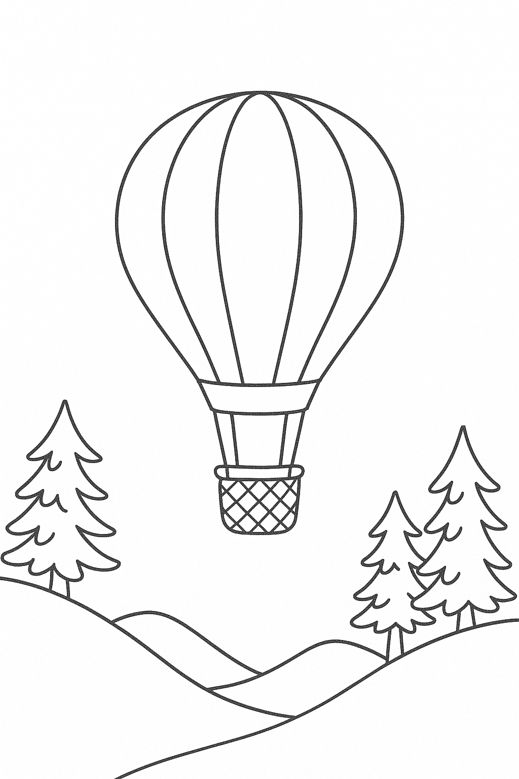 Hot air balloon coloring page with trees and hills