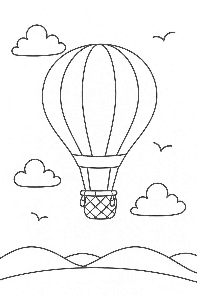 Children's coloring page with a hot air balloon