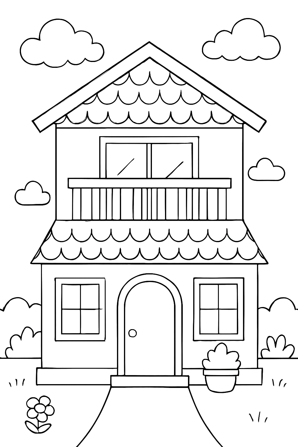 Coloring page of a cute two-story house with clouds and garden