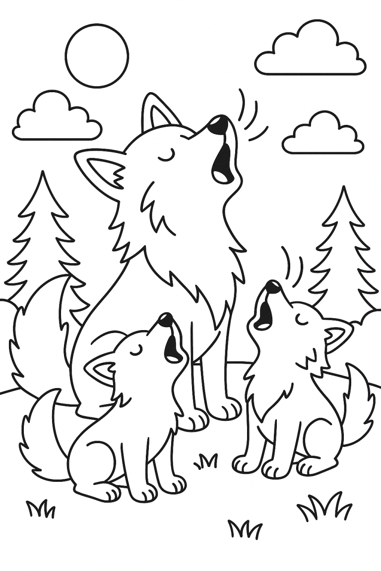 Coloring page of howling wolves in a forest