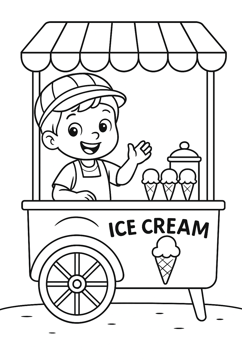 Child waving from an ice cream cart coloring page