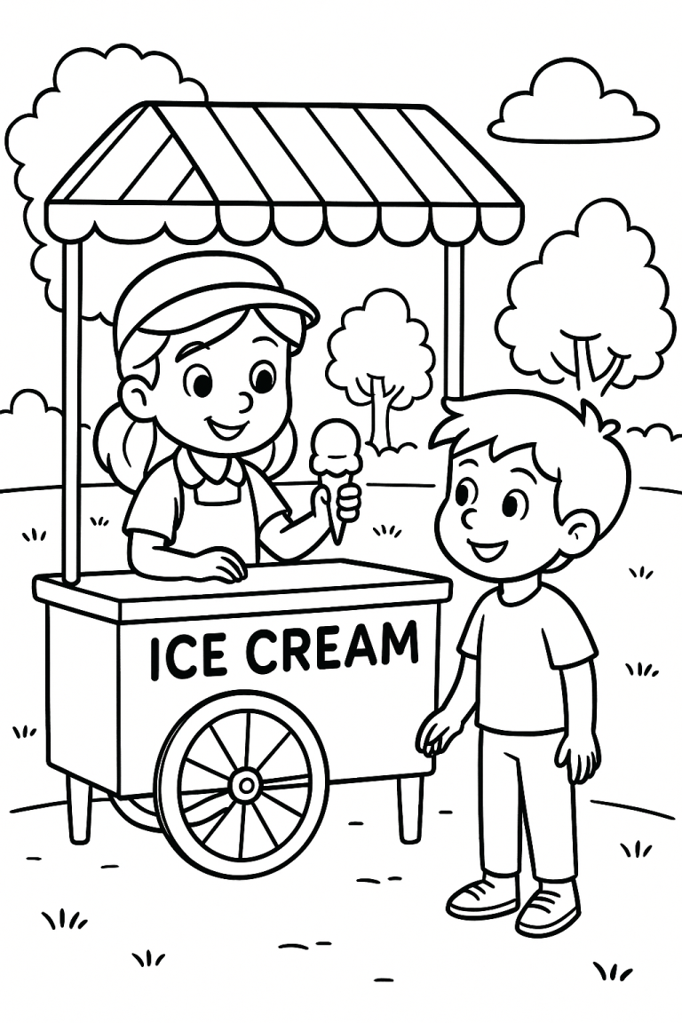 Ice cream vendor serving a child at a cart