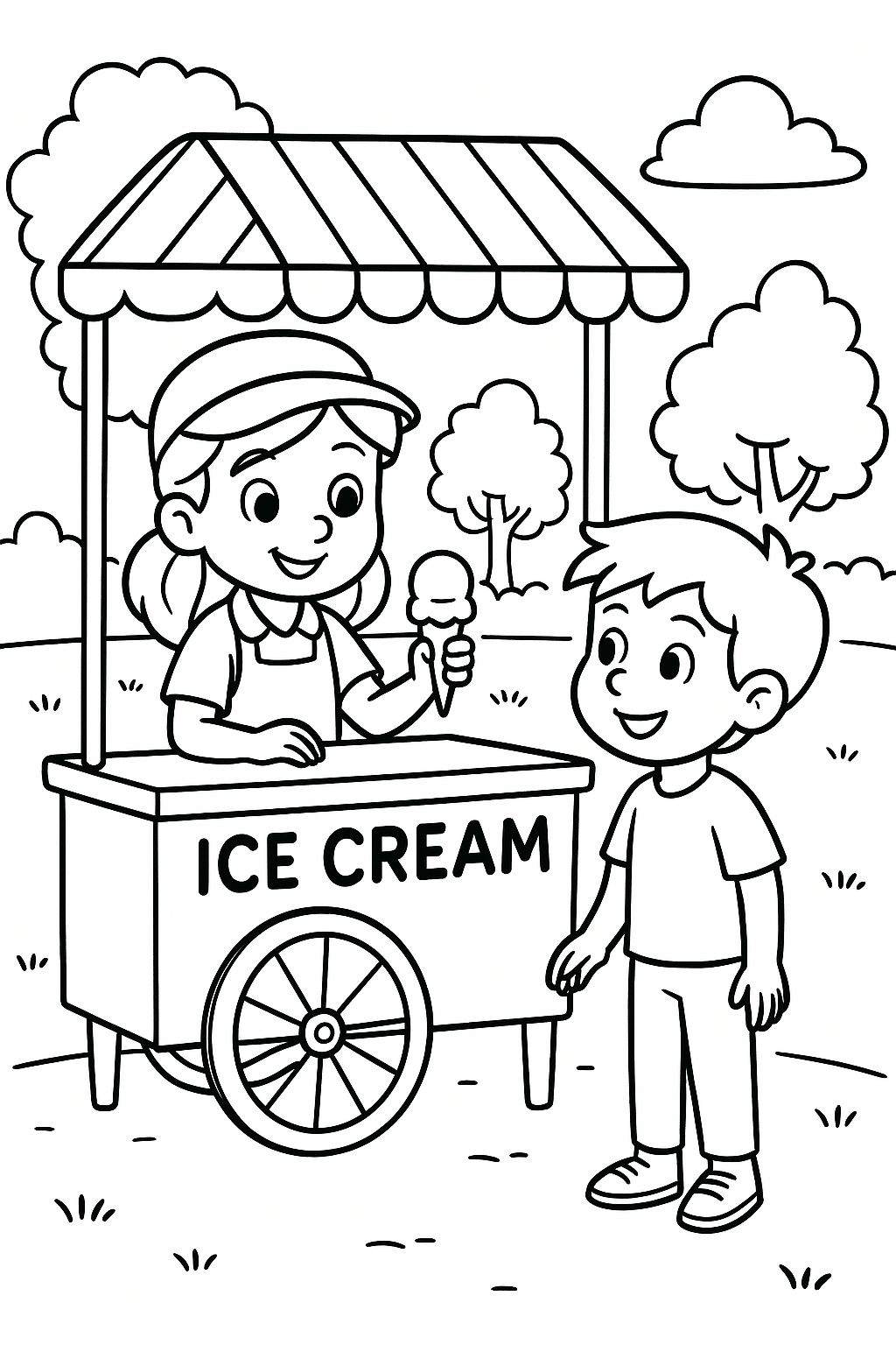 Ice cream vendor serving a child at a cart