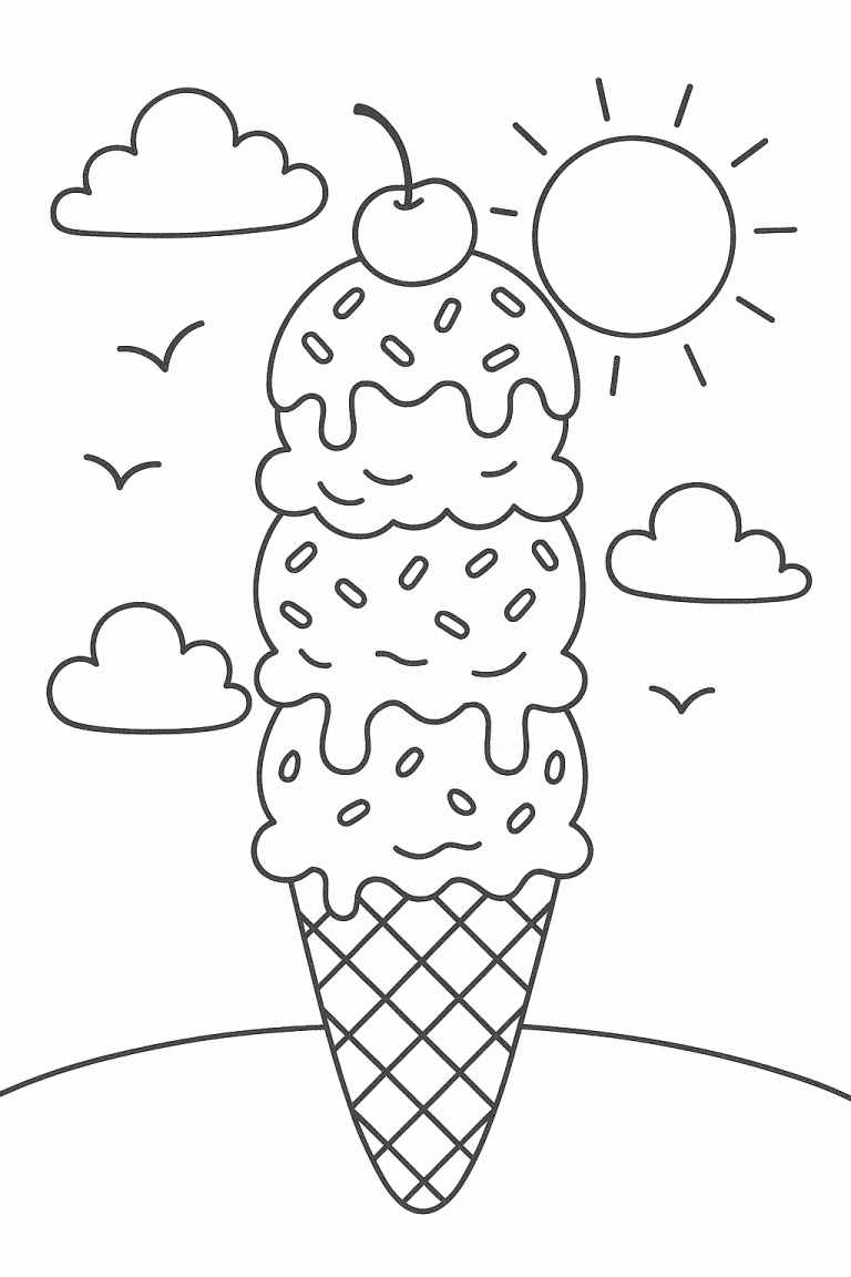 Ice cream cone with three scoops and a cherry under the sun