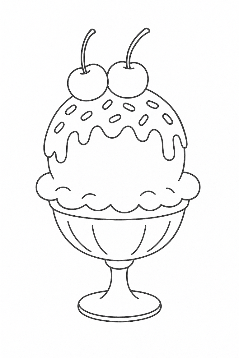 Children's ice cream coloring page with cherries