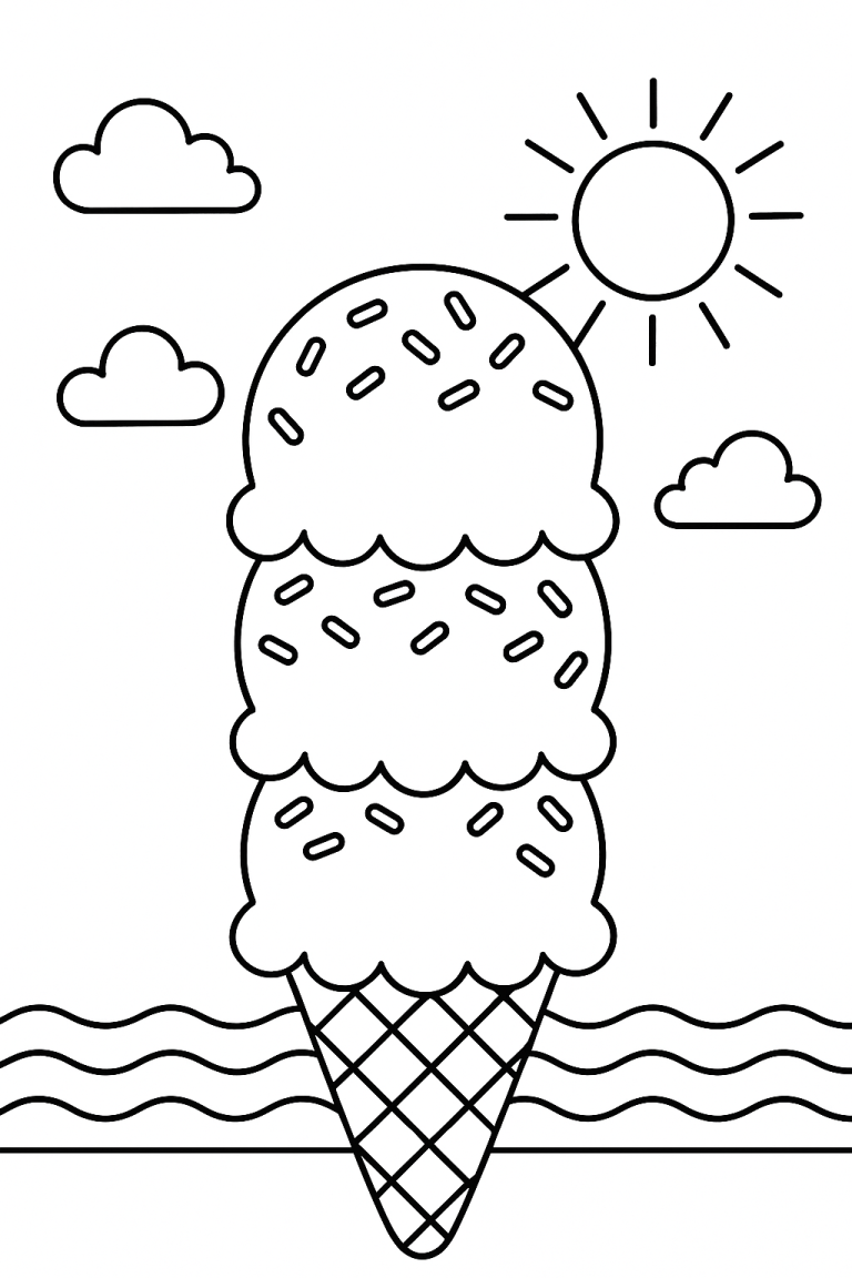 Ice cream cone coloring page with sun and clouds