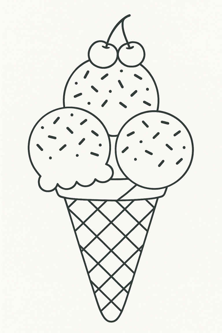 Ice cream cone coloring page with three scoops