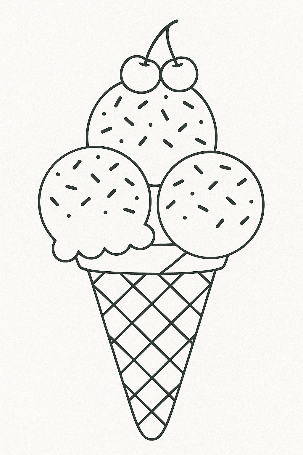 Ice cream cone coloring page with three scoops