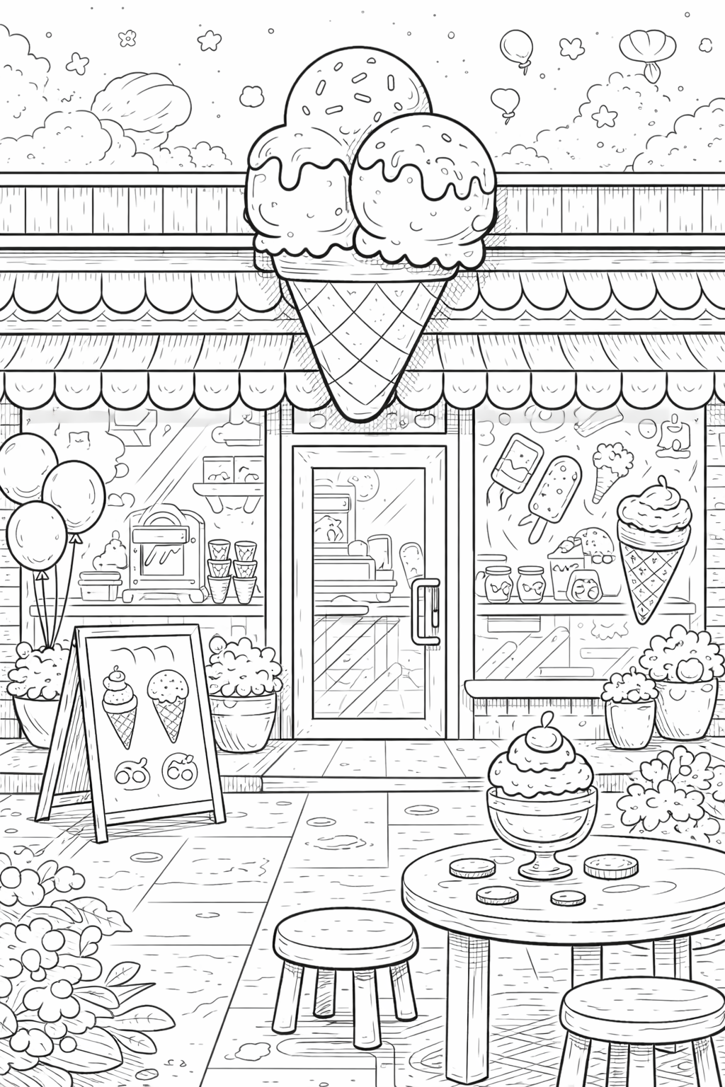 Ice cream shop coloring page with cones and tables