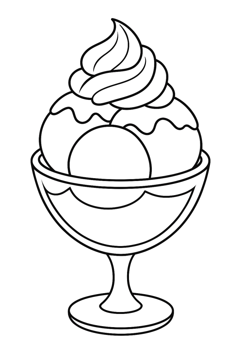 Ice cream sundae coloring page with a sweet treat in a cup.