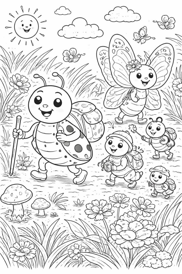 Insect adventure scene for children's coloring