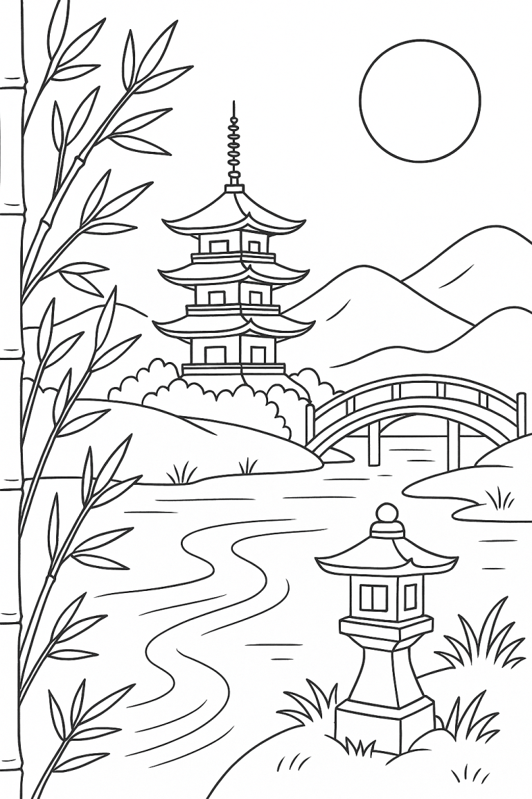 Japanese garden coloring page with pagoda and bridge