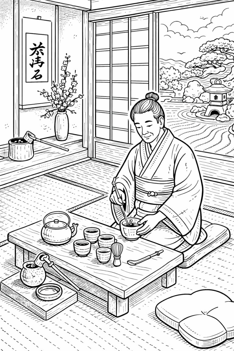 Japanese tea ceremony coloring page with person preparing tea
