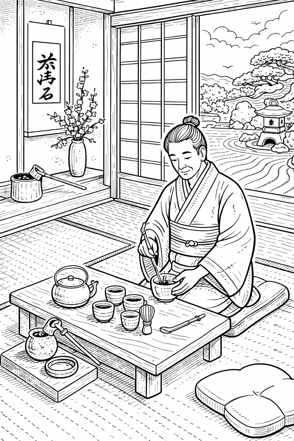 Japanese tea ceremony coloring page with person preparing tea