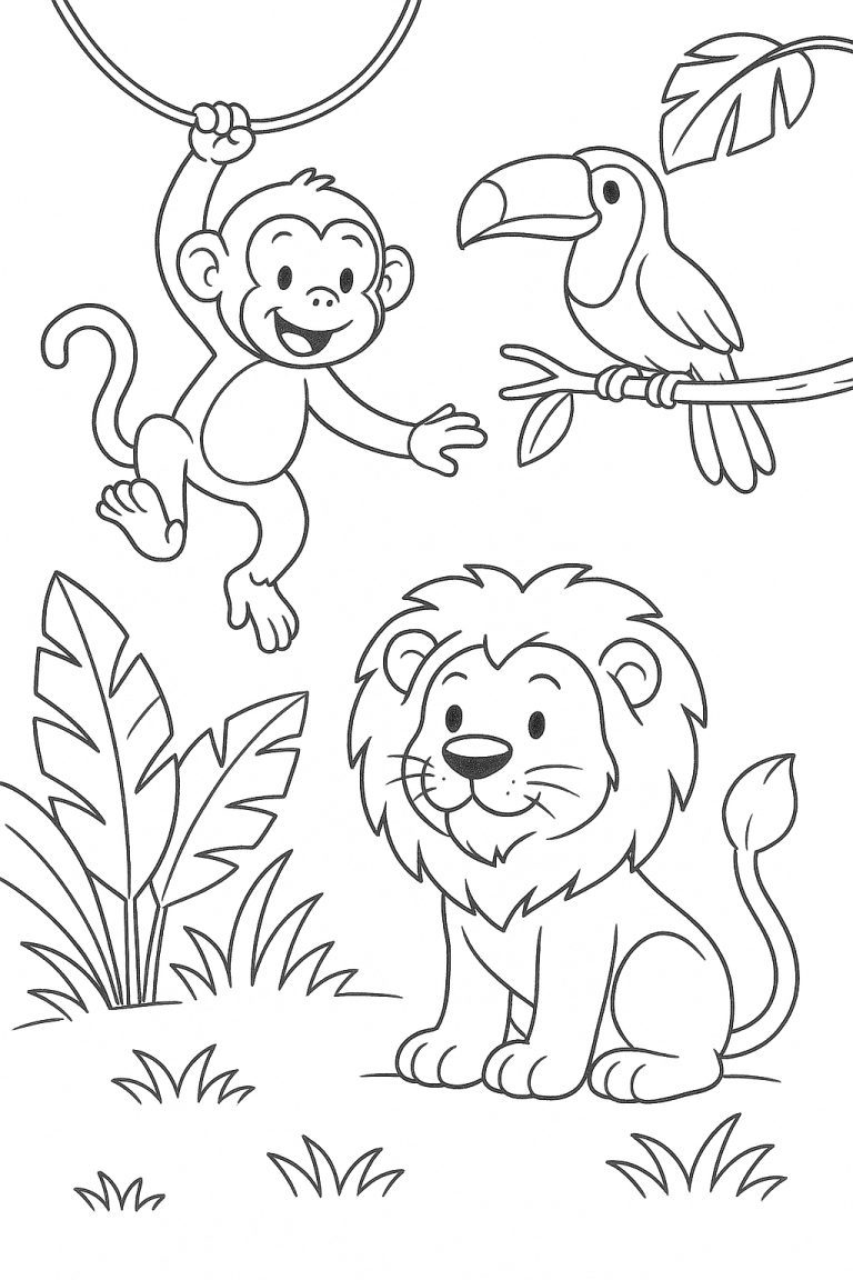 Jungle animals coloring page with monkey, lion, toucan