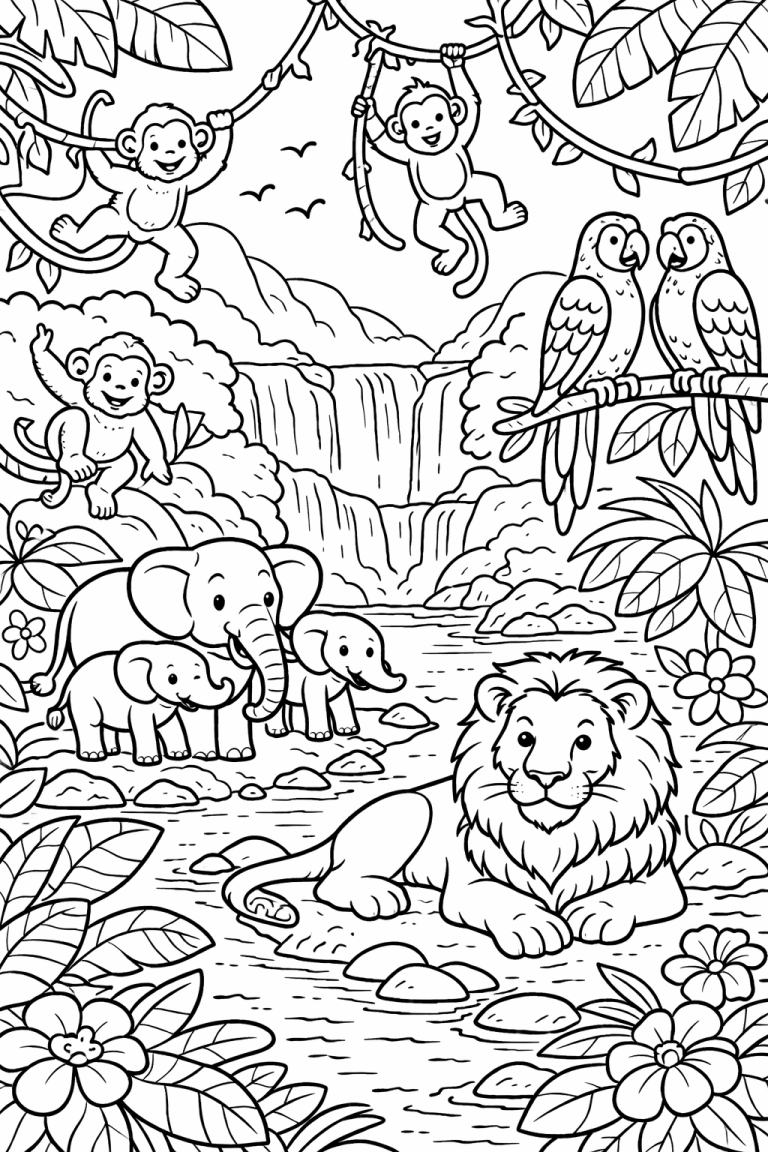 Jungle scene with various animals