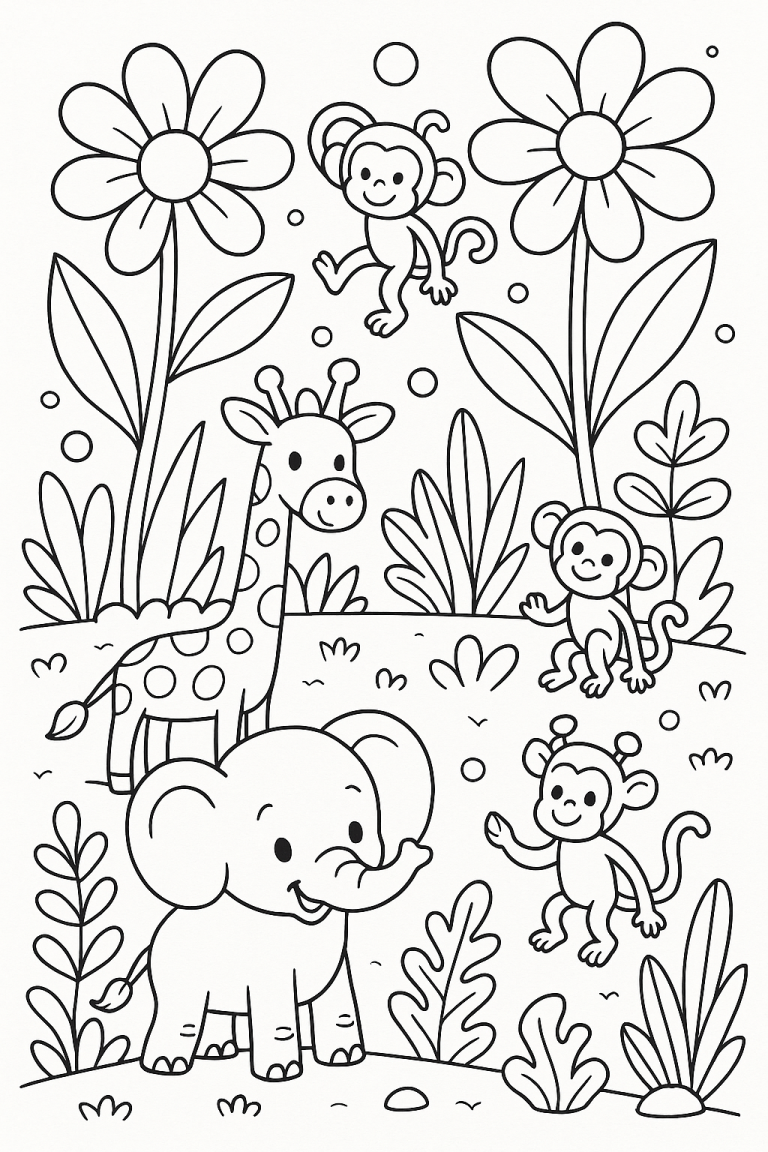 Children's coloring page with jungle animals