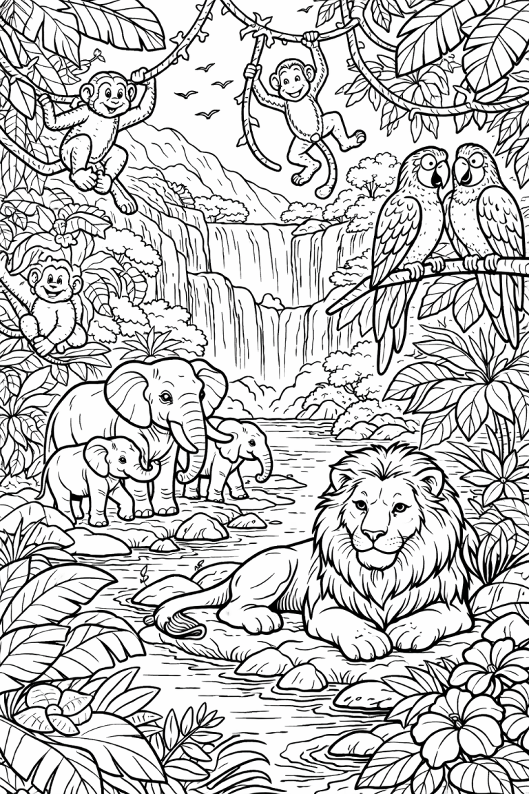 Coloring page of jungle animals with monkeys, elephants, and a lion.