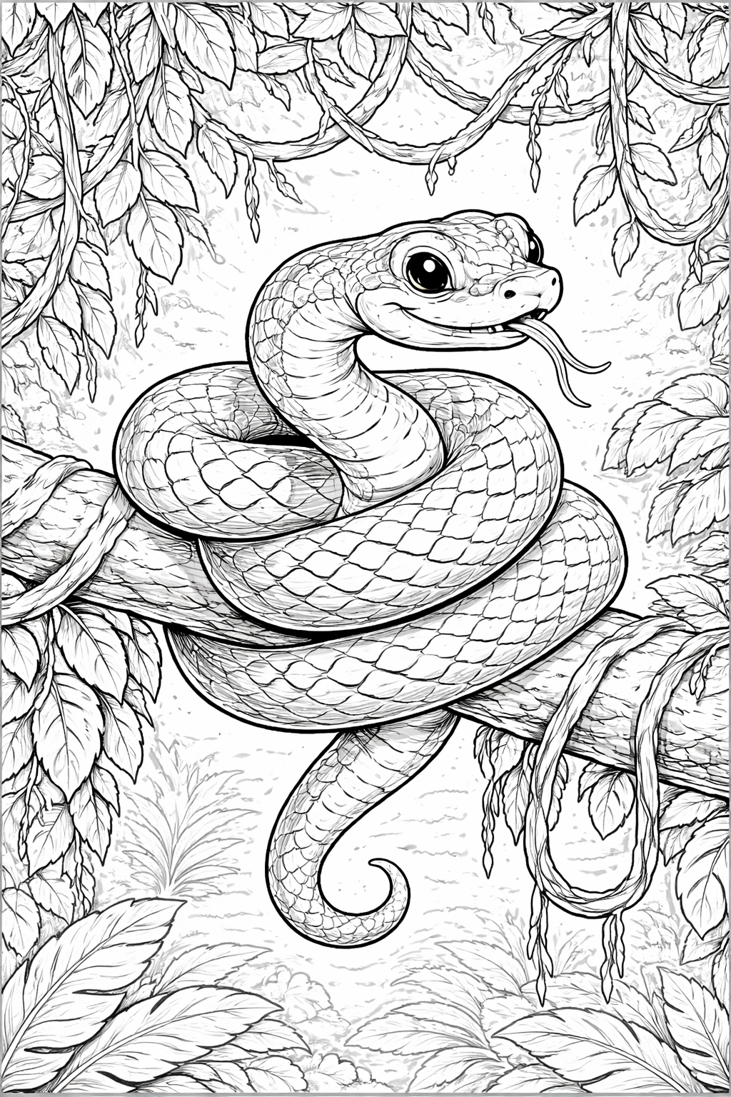 A happy snake on a branch in a jungle scene