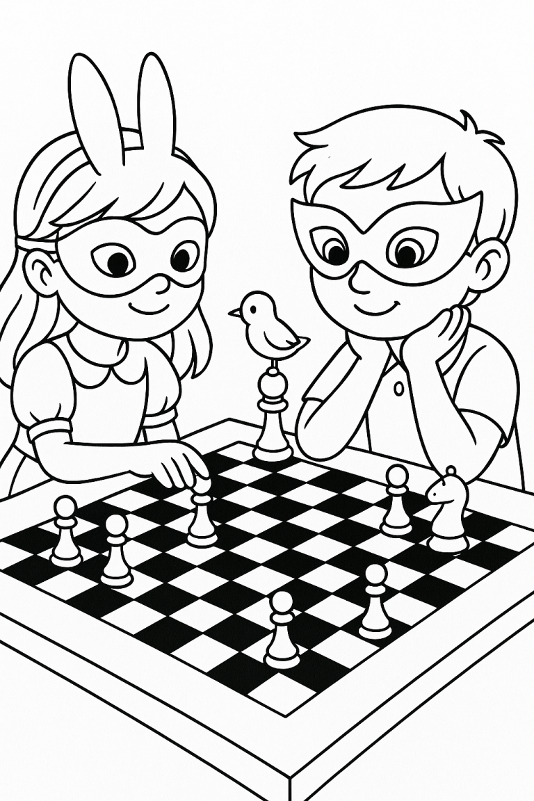 Children playing chess, wearing masks