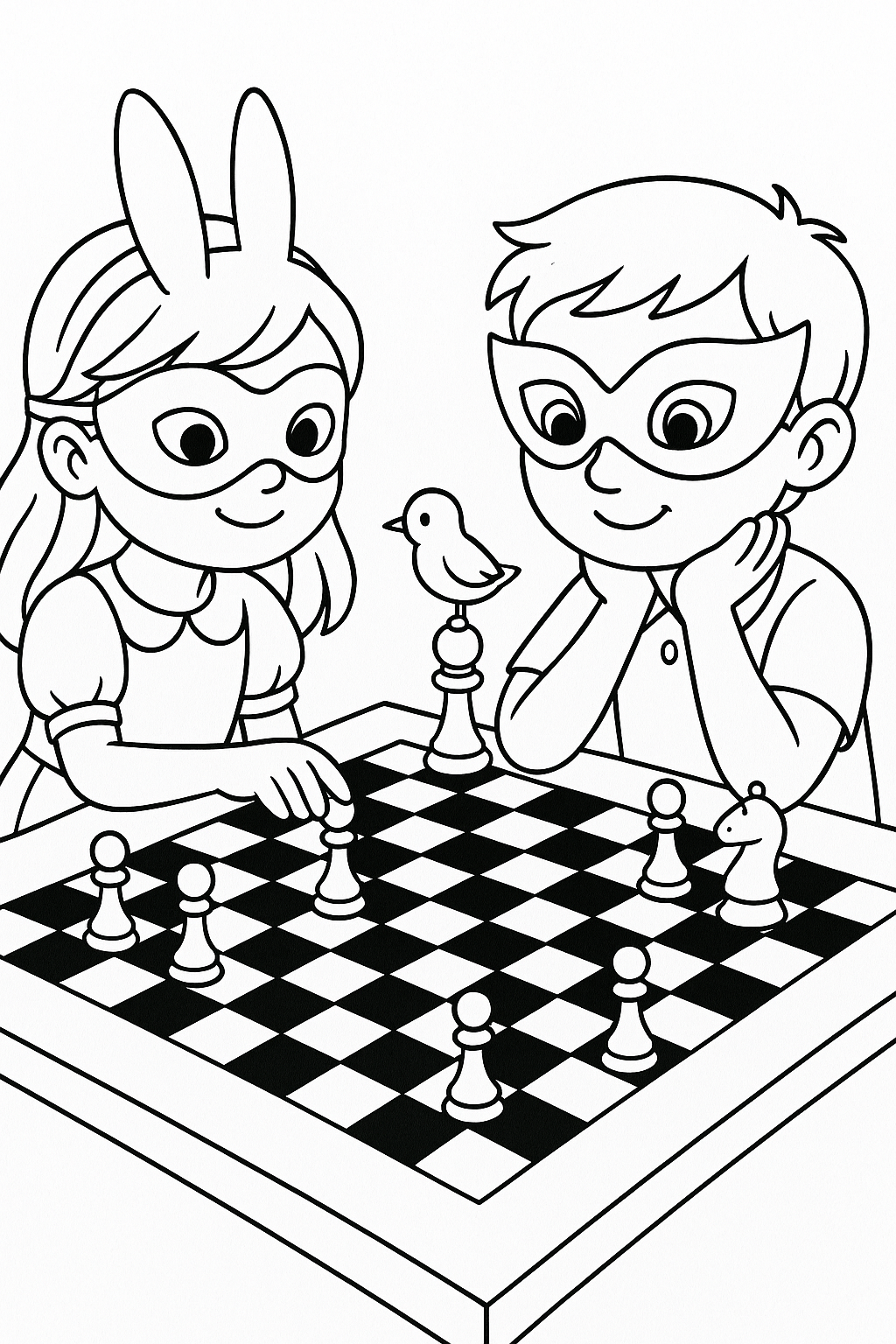 Children playing chess, wearing masks