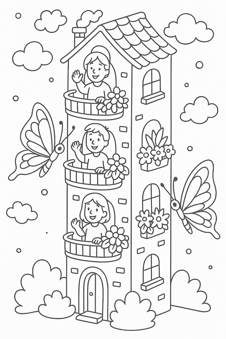 Children waving from balconies with butterflies around
