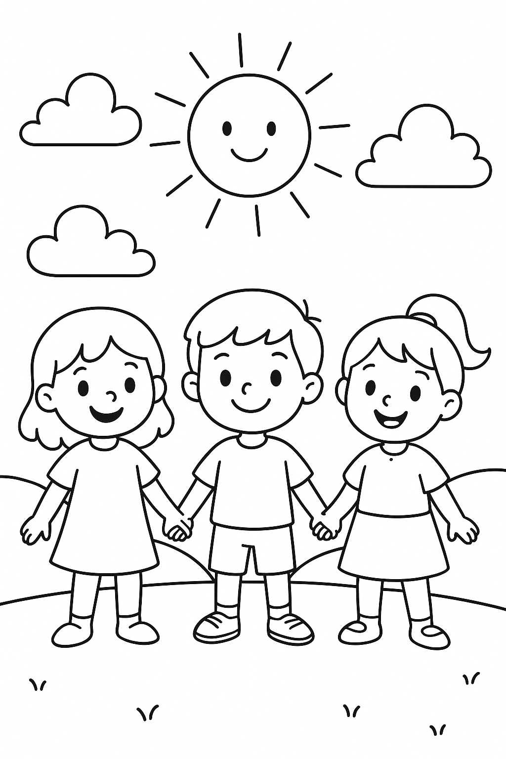 Children holding hands under a sunny sky coloring page