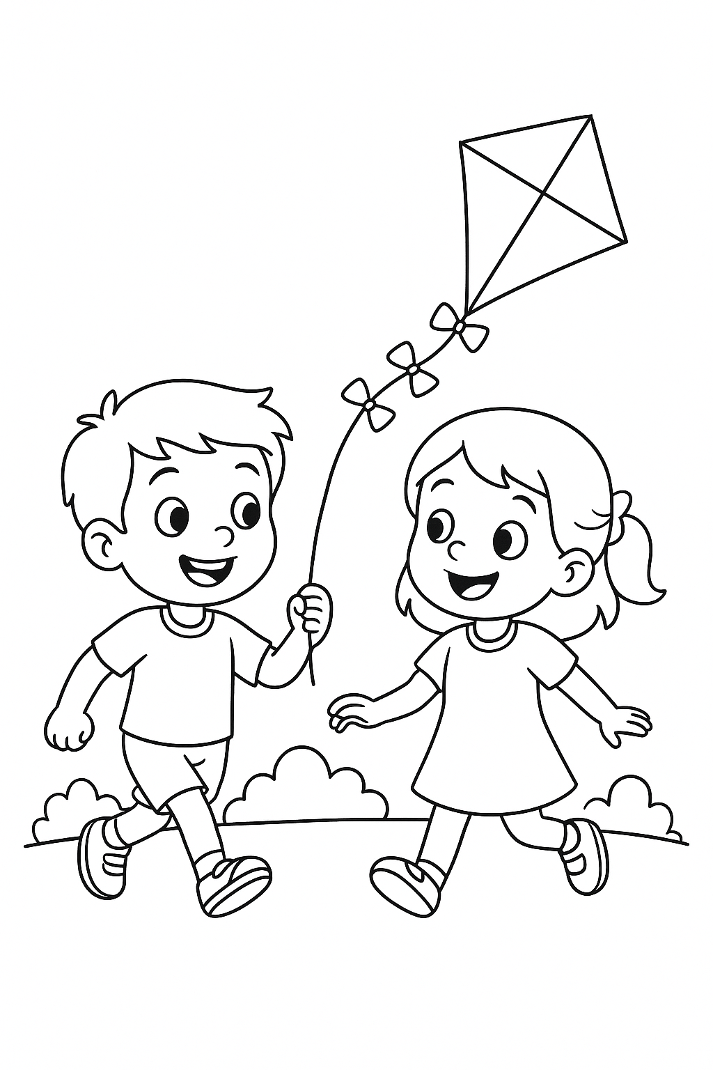 Two children flying a kite on a clear day.