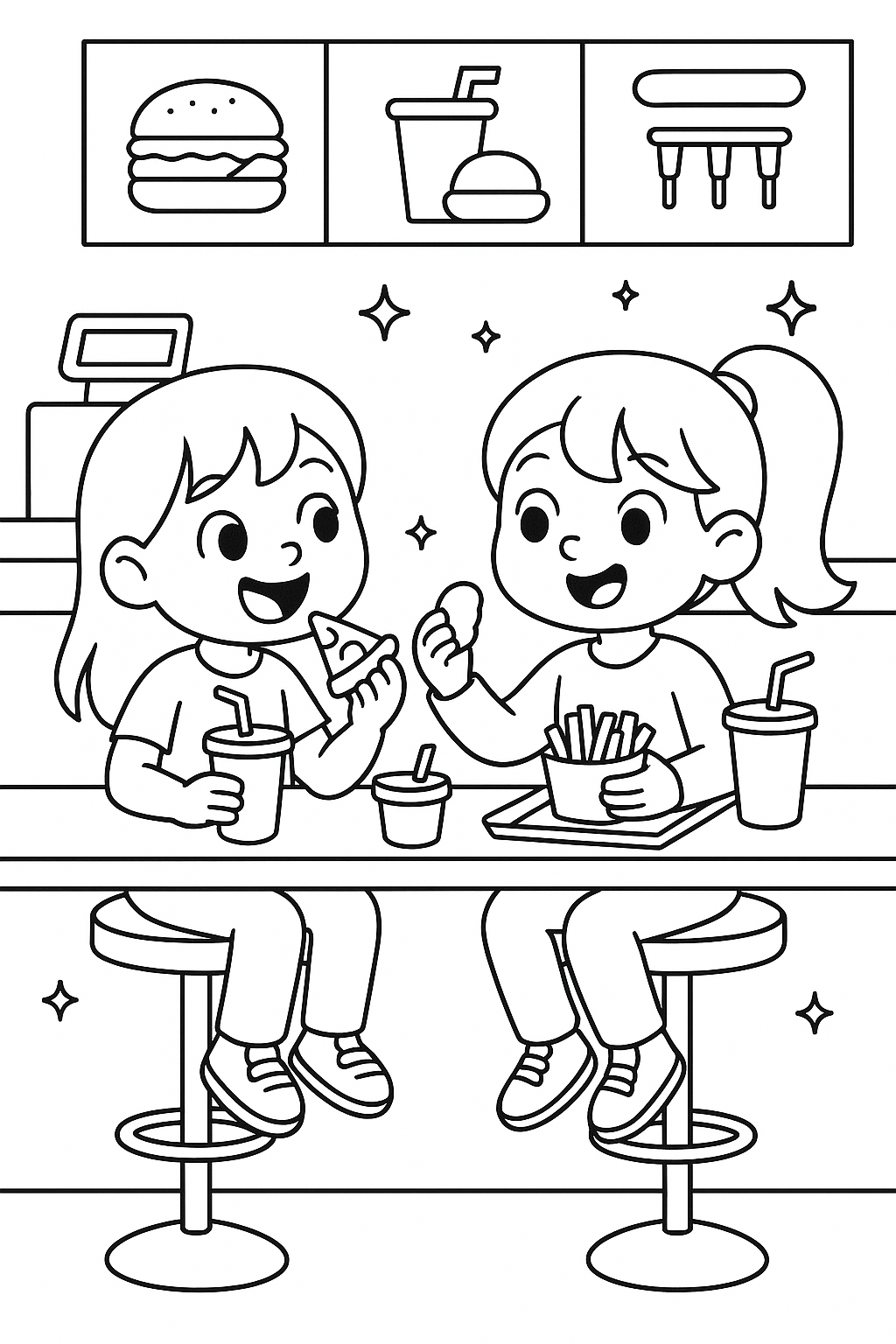 Children enjoying a meal coloring page