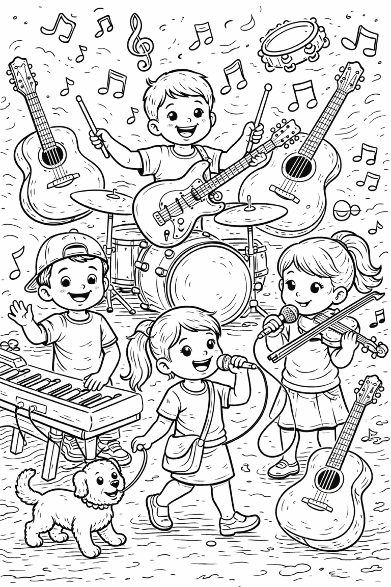 Children playing instruments in a band coloring page