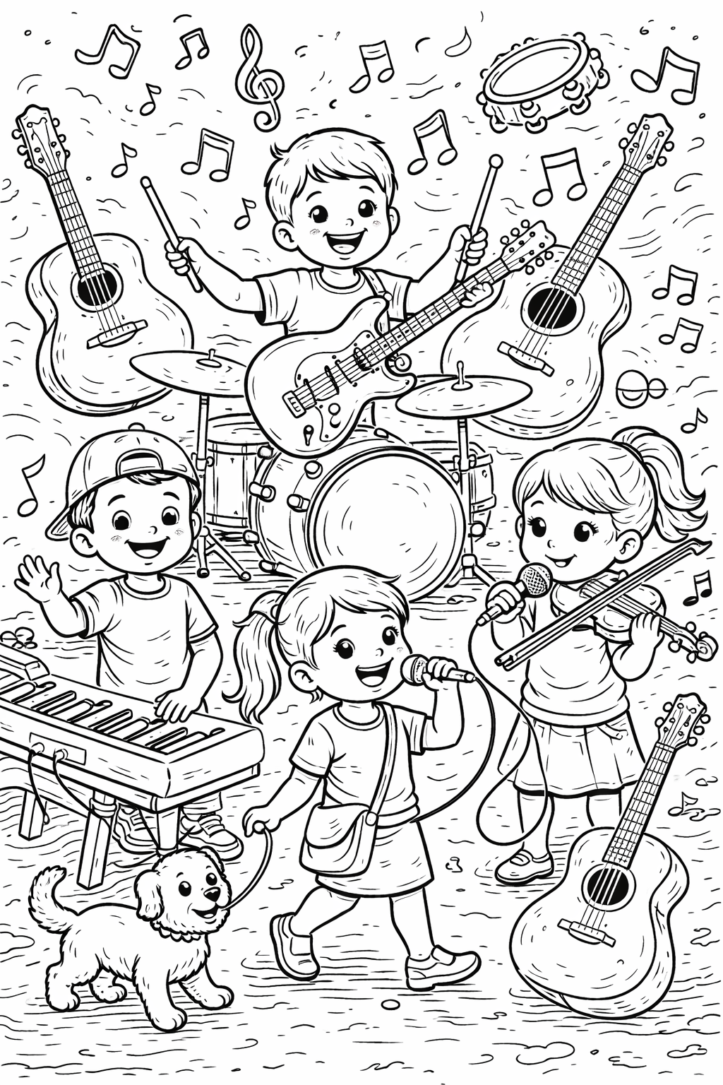 Children playing instruments in a band coloring page
