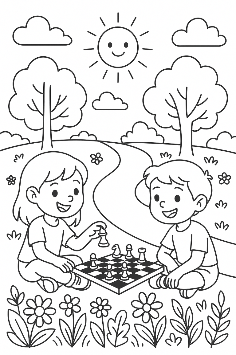 Kids playing chess and smiling under the sun